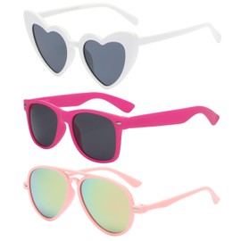 OWL Kid's Assorted 3 Pack Sunglasses – Cute White Smoke Heart, Hot Pink Retro, and Pink Mirror Aviator Styles for Toddlers and Kids | UV Protection, Durable and Stylish Sunglasses for Boys and Girls