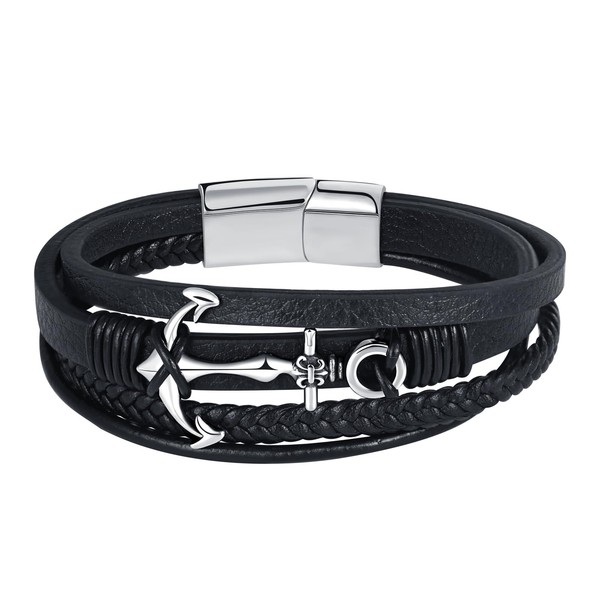 Feilok Leather Bracelet Multi Layer Wristbands Anchor Men's Leather Bracelet