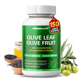 Nessarit Olive Leaf & Olive Fruit 9,100mg with 60% Oleuropein & 60% Hydroxytyrosol – Plus Black Seed Oil & Black Pepper – 150 Capsules – Made in USA