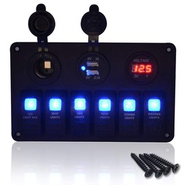 Riloer 6 Gang Rocker Switch Panel Switch Panel Waterproof Light Bar Switch Panel with Dual USB and Voltmeter for 12V/24V Cars Trailers, UTVs