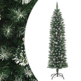 FAMIROSA 7 ft Artificial Slim Christmas Tree with Stand Faux Holiday Xmas Tree with White Snow Decoration for Home Office Party Decorations,7 x 2 ft,Green and White