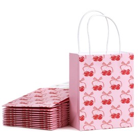 WRAPAHOLIC 12 Pack 7" Small Kraft Cherry Bow Gift Bags - Coquette Cherry Bow Pink Gift Bags for Girls Birthday, Baby Shower, Wedding, Bridal Shower