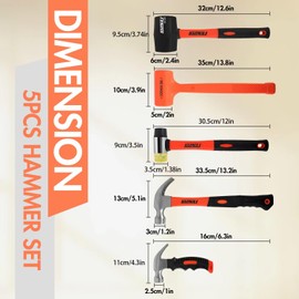 LOZAGU 5-Piece Hammer Set, 2LB Dead Blow Hammer | 16oz Claw Hammer | 16oz Rubber Mallet | 35mm Double-Faced Soft Mallet | 8oz Small Hammer