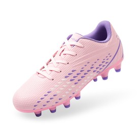 FEETHING Kids Soccer Cleats for Boys/Girls Youth Lightweight Football Shoes for Firm Ground Non-Slip Athletic Cleats for Little Big Kids, Pink, 3.5 Big Kid