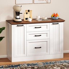 YITAHOME Storage Cabinet with 5 Drawers, Farmhouse Sideboard Buffet Cabinet with Storage, Large Coffee Bar Cabinets for Dining Room, Antique White