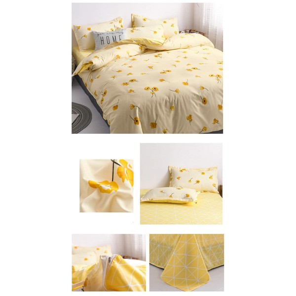 3 Piece King Floral Duvet Covers Set, Botanical Plant Bedding Set, Yellow Flowers and Cream White Check Comforter Cover, Soft Lightweight Microfiber Kids Bedroom Decorative, for Women Boys and Girls