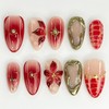 24 Pcs Red Flower Press on Nails Medium Almond Fake