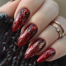 MISUD Almond Press on Nails Medium Fake Nails Glossy Glue on Nails Bling Glitter Acrylic Nail Supplies Stiletto Artificial Nail Art Sparkly Red Stick on False Nails with Design DIY 24 pcs