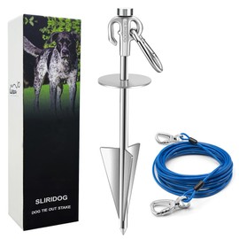 Sliridog Heavy Duty Dog Tie Out Stake and Cable, 360° Swivel Dog Run, 304 Stainless Steel, Up to 160 LBS, for Yard, Outdoor, Camping (Silver, Stake and 10ft Cable)