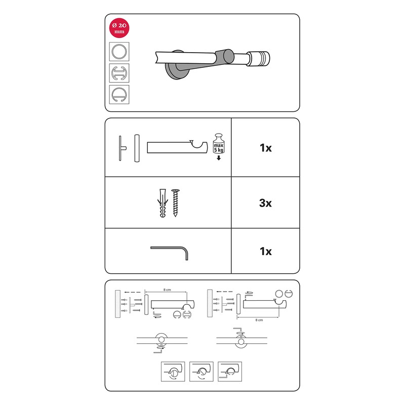 GARDINIA Support with Metal Mounting Plate for Curtain Rod, 1-Track