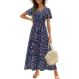 Zattcas Summer Maxi Dresses for Women 2025 Short Flutter Sleeve V Neck Smocked Waist Tiered Flowy Modest Boho Casual Long Floral Dress with Pockets Navybluewhite L