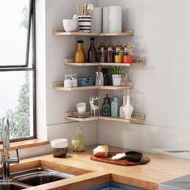 MVPSONAG 4 Tier Floating Corner Shelves - Set of 4 Rustic Wooden Floating Corner Wall Shelf with Cord Hole, L Shaped Corner Shelf Wall Mount for Bedroom,Living Room,Bathroom,Kitchen,Carbonized Black