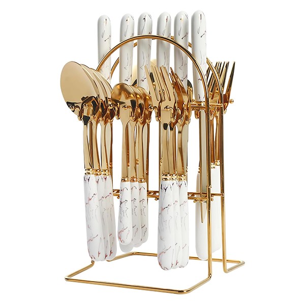 24 Piece Imitation Marbled Ceramic Flatware Set, Kitchen Stainless Steel