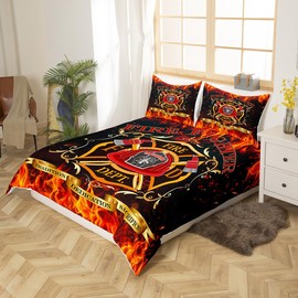 Teens Firefighter Theme Duvet Cover Set,Kids Burning Flame Bedding Set King Size,Fireman Sign Comforter Cover for Boys Bedroom Decor,Red and Black Quilt Cover with 2 Pillow Cases(No Comforter)
