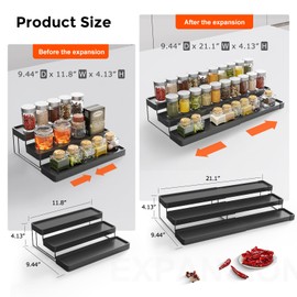 INVOCOO 2 Pack Expandable Spice Rack Organizer for Cabinet - 3 Tier Adjustable Cabinet Spice Organizer Easy Visibility - Spice Organizer for Cabinet Countertop Cupboard Pantry Organization (Black)