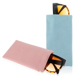 cobee Soft Leather Sunglasses Case, Portable Squeeze Top Glasses Case Travel Sunglasses Bag Glasses Storage Case Makeup Pouch Glasses Case for Men Women 2 Pack (Blue, Pink), Blue and pink