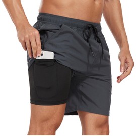 VEAGINS Mens Swim Trunks Swimming Shorts Quick Dry Swim Shorts Beach Short with Pockets and Compression Liner Grey
