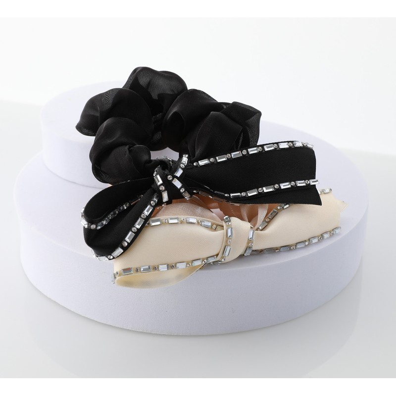 (2 types) Cubic Ribbon Scrunchy Black / (2종) 큐빅 리본