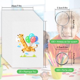 Shrink Film Set Key Chain, 125 Pieces Shrink Film Set Includes 25 Pieces A4 Shrink Film for Crafts and 100 Pieces Key Chains, Shrink Film Transparent for Children and Adults