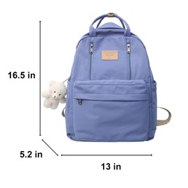 AONUOWE Preppy Backpack with Plushies Cute Backpack for Teen Girls Light Academia Bookbags Solid Aesthetic School Bag (Blue)