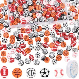 CCOZN 250 Pcs Sports Ball Beads for Jewelry Making, Sports Polymer Clay Beads Bulk with Box, 10mm Baseball Volleyball Basketball Soccer Football Beads Charms for DIY Crafts Bracelet