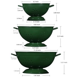 Metal Colander Set of 3, Strainer Basket with Handles perfect for Spaghetti, Pasta, Berry, Vegetable, Fruit, Solid Base Powder Coated Kitchen Essential Strainer Set, 1 & 3.5 & 5 Qt (Dark Green)