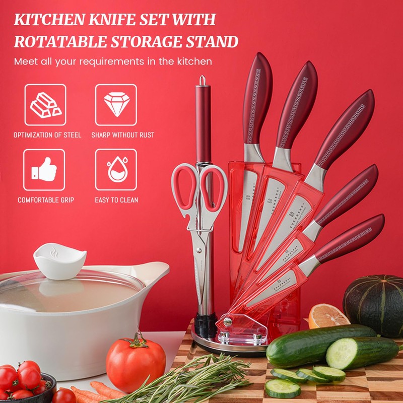Knife Block Set,8-piece Kitchen Knife Set with Rotatable Storage Stand,