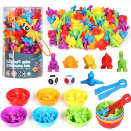 SAMISO Montessori Toy, Dinosaur Counting Colour Recognition Toy, 48 Pieces Montessori Maths Toy with Matching Sorting Cups and Tweezers for Children Girls Boys from 3 4 5 6 Years