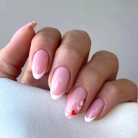 Hrnsnails Valentines Press On Nails Almond Medium, White French Tip Fake Nails with Heart Design, Artificial Valentines Nails Stick On Nails for Women-24Pcs