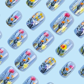 Flower Press on Nails Short Square Fake Nails Cute Blue Floral False Nails Glossy Gradient Spring Glue on Nails Acrylic Stick on Nails Full Cover Reusable Fake Nails for Women Girls Manicure Kit