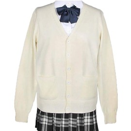 NANNRE School Cardigan, Knit, 100% Cotton, Top, Plain, Long Sleeve, Girls’ Uniform, V-Neck, Loose, Women’s, Student’s, Unisex, Office, School, Large Sizes, Spring, Autumn, Winter, white