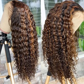 BLY Highlight Human Hair Lace Front Wigs Deep Wave #4/27 Ombre Colored Glueless Wigs Pre Plucked 28 Inch 4x4 Transparent Curly Water Wave Lace Wig Honey Blonde Real Human Hair 180% Density
