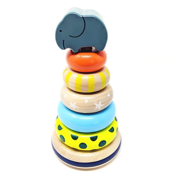 Orcamor Organic Wooden Stacking Rings Toy with Elephant Topper - Montessori Wooden Rainbow Stacking Toys for Toddlers 1-3 Years Old and Up - All Natural Shape Sorter - 8 Inches Tall