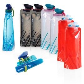 MOAMUN 8PC Collapsible Foldable Water Bottle, BPA Free Portable Reusable Water Bag with Carabiner for Outdoor Sports, Hiking, Adventure, Travel, Cycling (700ml, Blue, White, Red, Black)