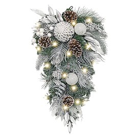 Valery Madelyn Pre-Lit 17 inch Silver White Christmas Teardrop Swag with 20 LED Lights, Swag Decoration with Ball Ornaments and Pine Cone for Front Door Window Xmas Home Decor, Battery Operated