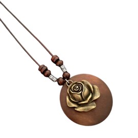 KIFEDSLJ Wooden Pendant Necklace with Owl Leaf Elephant Flower Handmade Vintage Bronze Leaf Long Leather Chain Sweater Necklace for Women (rose)