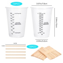 Ksvaye Pack of 50 Epoxy Resin Mixing Cups, 240 ml (8 oz) Disposable Measuring Cups with 50 Pieces Wooden Stirrers, Plastic Measuring Cups for Liquids, Mixing Resin, Paint, Pigment