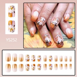 Vopintpy Fall Pumpkin Press on Nails Medium Square Fake Nails with Glitter Design Glossy Autumn Thanksgiving Glue on Nails Reusable Leaf Stick on Nails for Women DIY Manicure