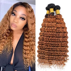 Biliisyff 1B/30 Human Hair Bundles Deep Wave Ombre Bundles Human Hair Brazilain Two Tone Black And Light Brown Bundles Human Hair Color 30 Deep Wave Bundles Hair Weave Extensions (10 12 14 Inch)