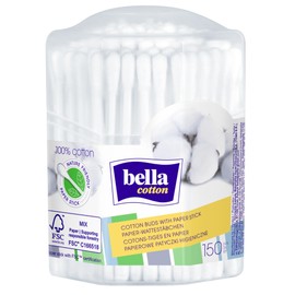 bella cotton Wattestäbchen mit Papierschaft in achteckiger Box (5 x 150 Stück), 100% Bauwolle Köpfe