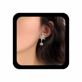 Cybche Boho Pearl Flower Earrings Grey Pearl Drop Earrings Silver Flower Stud Earrings Flower Earrings Wedding Pearl Dangle Earrings Jewellery For Women, Zinc, No Gemstone
