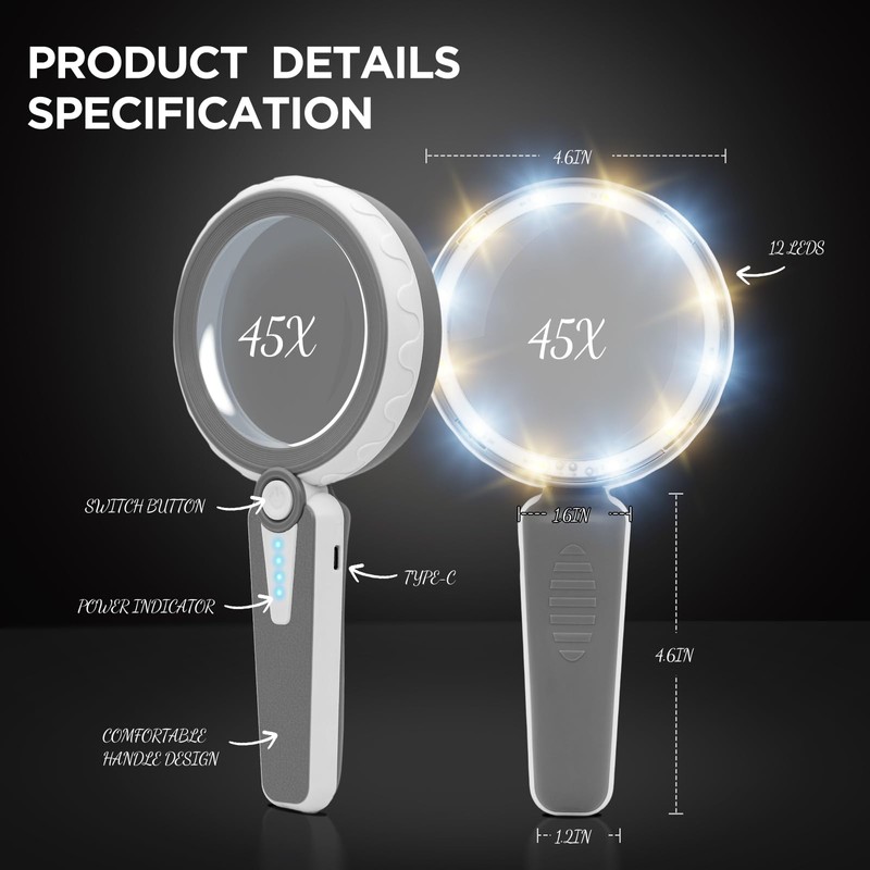 HUIBOER 45X Magnifying Glass with Light for Reading – Large