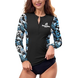Women Crewneck Rash Vest Quick Dry UPF 50+ Long Sleeve 1/4 Zip Swimming Tops Black & Floral M