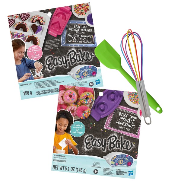 Customizable Easy Baking Oven Bundle - Refill Mixes And Utensils For Kids - Bake Shop Sprinkle Brownies Refill Mix, Bake Shop Sprinkle Doughnuts Refill Mix, Mini Colorful Whisk, And Mini Green Spatula - 4 Items