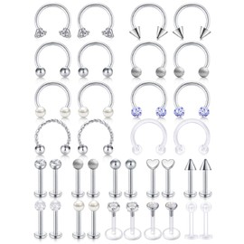 AceFun 16G Lip bar Silver Piercing Helix Tragus Cartilage Ring Hoop Stud Earring Lip Rings Labret Stud Horseshoe Piercing Eyebrow Nose Rings Piercing for Women Men Jewelry