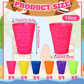 Domensi 24 Pack Tiki Plastic Cups Bulk 10oz Hawaiian Cups Hard Plastic Material Tiki Statue Drinking Cup for Summer Luau Party Drinkware Supplies