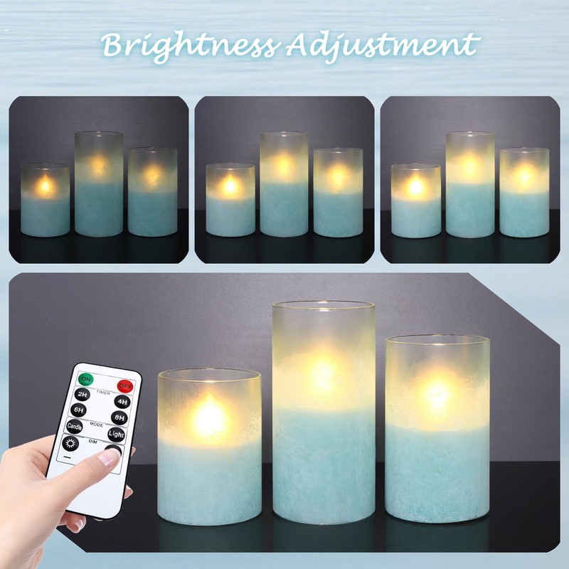 Holitown Glass Flameless Candles Set of 3 Blue Sandblasted Battery