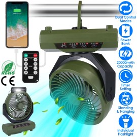 20000mAh Rechargeable Portable Fan Flashlight Remote Control Oscillating Camping Light Hanging Hook Outdoor Lighting SupplyType: Camping Fan