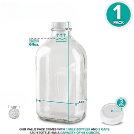 Half Gallon Glass Milk Bottle with Lid (1 Pack) 64 Oz 3 White Caps, Reusable Milk Container for Refrigerator, Bottles for Juice, Oat or Plant Milks, Water, Honey Organiser Canister - Quantity: 2, Size: 64 oz