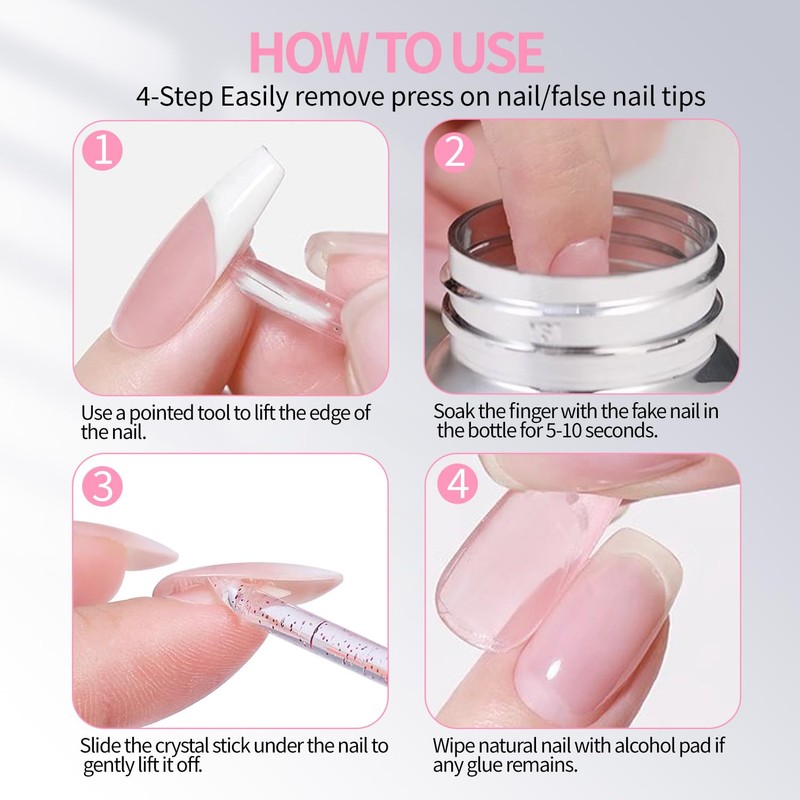 Press-On Nail Glue Remover, 80ml/2.71 fl.oz, Separate Bottles Design (Leak-Proof),